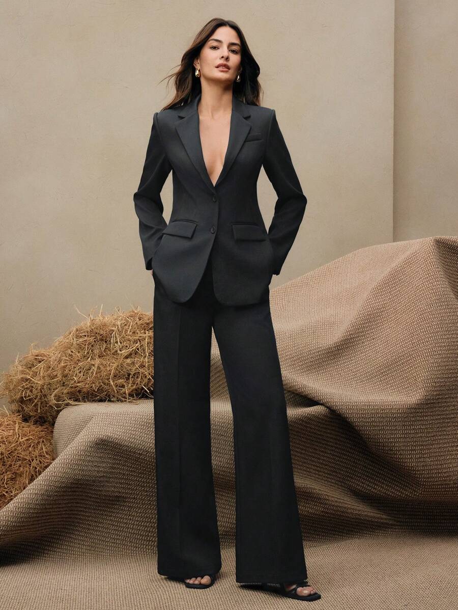 Anewsta 商务休闲优雅老钱风格女士两件套西装套装：西装外套 + 直筒裤，梅拉德色调