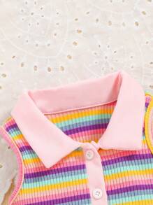 SHEIN Baby Girl Colorful Striped Polo Collar Sleeveless Top, Spring & Summer - Multicolor - View 6