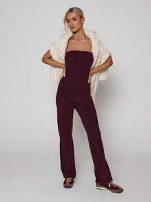 SHEIN Unity 罗纹针织抹胸毛衣连体裤 - 紫紅色 - 查看 1