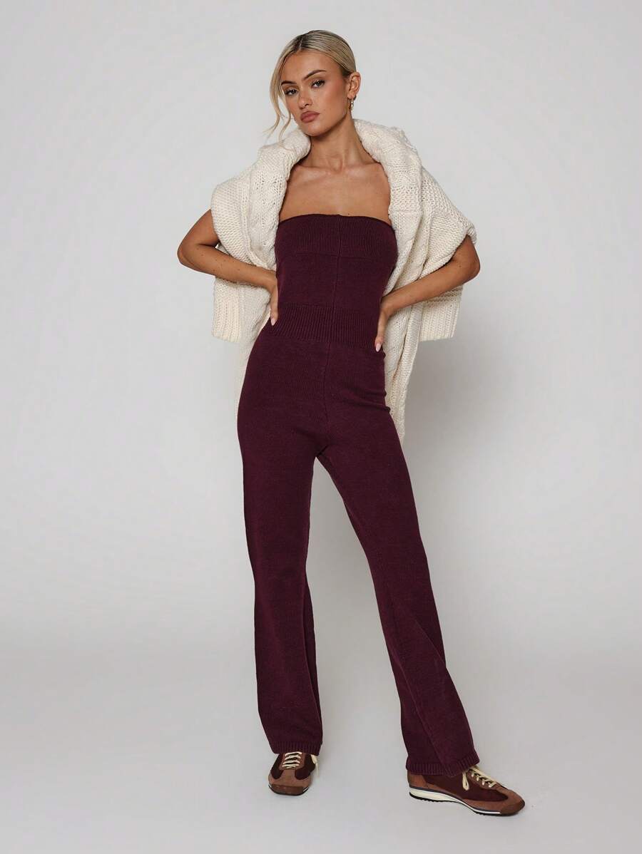 SHEIN Unity 罗纹针织抹胸毛衣连体裤 - 紫紅色 - 查看 1