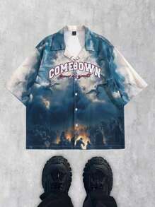 ROMWE MEN Street Life 男士字母印花短袖单排扣休闲衬衫 - 彩色 - 查看 3