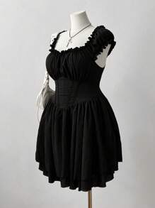 Sunspun Plus Size Sweetheart Collar Ruffle Hem Textured Fabric Short Sleeve Dress - Black - View 4