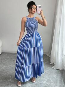 Rafferiza 女士条纹休闲收腰度假连衣裙 - 藍色 - 查看 2