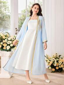 SHEIN 2 件优雅套装：淡蓝色缎面吊带裙和长网眼外层；度假休闲 2 件套装，适合婚礼季节、少女 - 淺藍色 - 查看 4