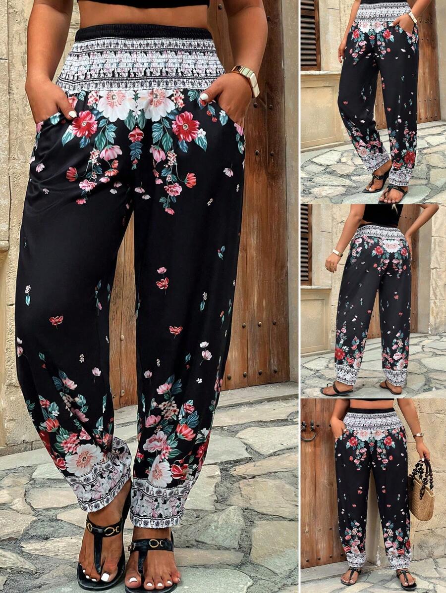 Breezaya 大码女式夏季度假彩色花卉印花宽松抽绳腰部慢跑裤，带侧袋