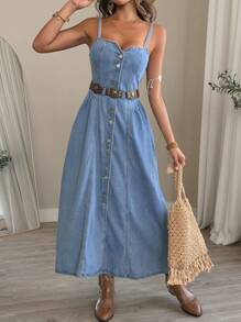 Women's Summer Spaghetti Strap Buttoned Denim Dress Vacation - Medium Wash - View 1
