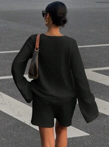 Siren Gaze Set casual de 2 piezas para mujer con camisa de manga larga con nudo delantero de unicolor + shorts de punto, conjunto de shorts de primavera/verano para mujer, conjuntos de verano para mujeres - Negro - Ver 2