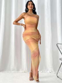 Firerie Damen Batik Muster Mesh gerafftes asymmetrisches trägerloses Kleid