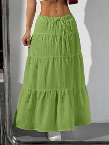 SHEIN EZwear 女士度假纯色腰带荷叶边下摆 A 字形纹理半身裙 - 綠色 - 查看 4