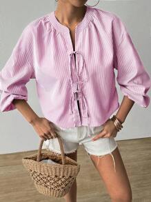 SHEIN Unity 休闲度假拼色条纹系带女式衬衫 - 淺粉色 - 查看 6
