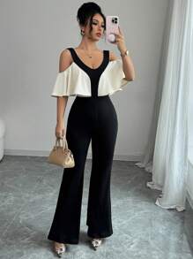 Selianne Bộ đồ liền thân trễ vai viền bèo nhún màu tương phản thanh lịch dành cho nữ - màu đen - Xem 1