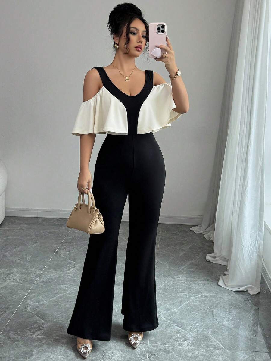 Selianne Bộ đồ liền thân trễ vai viền bèo nhún màu tương phản thanh lịch dành cho nữ - màu đen - Xem 1