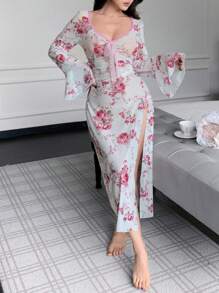 SHEIN Women's Sexy Floral Print Bell Sleeve V-Neck Split Hem Nightgown - Multicolor - View 4