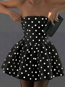 Vestido corto de línea A con estampado de lunar blanco, halter y lazo en la cintura - Negro - Ver 2