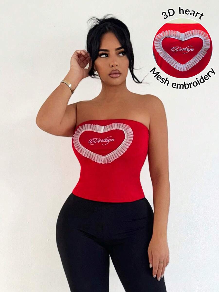 SHEIN SXY Summer Valentine's Day Sexy Heart Shaped Ribbon Embroidered Letter Camisole Top - Red - View 1