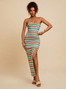 Travachic Damen plissiertes Bandeau-Kleid mit Seitenschlitz und gestreiftem Midi-Saum - Blau - Übersicht 5