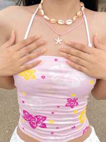 INAWLY Flower Print Halter Casual Top For Vacation - Baby Pink - View 1