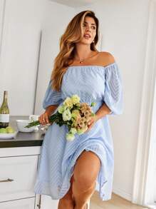 KURAYIA Plus Size Puff Sleeve, Square Neckline, Cutout Fabric, Waist-Cinched A-Line Dress - Blue - View 5