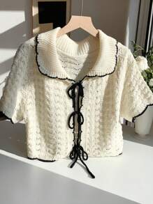 Comfortcana Women Summer Lace-Up Short Sleeve Cropped Cardigan - Beige - View 6