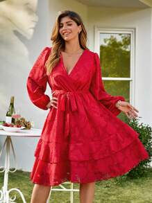 KURAYIA Robe midi texturée en maille à encolure en V avec ceinture nouée, style français de luxe pour grandes tailles - Rouge - Voir 5