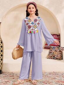 Tween Girl Floral Patchwork V-Neck Tassel Blouse & Wide Leg Pants, Loose Casual Resort Suit