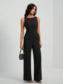 SHEIN Tall Women's Solid Color Round Neck Single-Breasted Vest And Pants Elegant Commuter Suit, Summer Fall Women Clothes Women Set Office Wear Business Casual Women Two Pieces Outfits Fall Women Office Wear Women Set Women Blazers Set - Black - View 3
