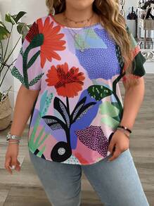 EMERY ROSE Plus Size Women Summer Pastel Floral Print Round Neck Casual Round Neck Short Sleeve Shirt, Vacation Outfits Women,Blouses For Women