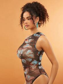 SHEIN Unity Dark Brown Summer Seductive Club Night Bodysuit Festival Asymmetrical Mesh Elegant Women's Vacation Music Festival Outfits,Brunch Christmas NYE Outfit - Multicolor - View 3