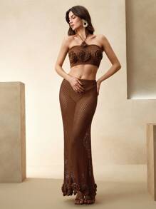 Anewsta Conjunto elegante tejido a ganchillo 3D con flor, escote de tirantes, calado, para playa/festival/vacaciones