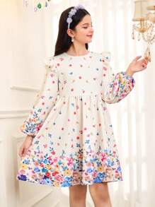 SHEIN Tween Girl Floral Print Knit Round Neck Loose Elegant Dress - White - View 1