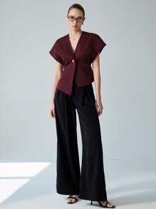 Aveloria Modichic High-End Commuter Minimalist Deconstruit Oversized Dolman Mâneci Decolteu în V Un singur piept Deschis în față Tivul asimetric Femei Bluză fără mâneci pentru muncă, potrivită pentru vară și toamnă - Multicolor - Vizualizare 6