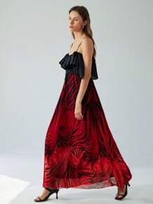 SHEIN Privé 时尚荷叶边腰部迷人图案印花女式长裙，黑色背景搭配红色轮廓设计 - 彩色 - 查看 1
