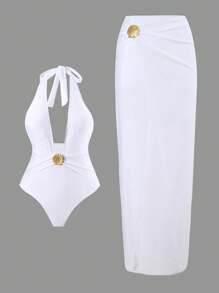 SHEIN Swim Women Beach Summer Outfits: 1 Pc Halter Neck Tie Up Swimwear Top Paired With 1 Pc Sexy High Split Skirt With Golden Shell Decor - White - View 3