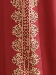 SHEIN Explorewe Tween Girls Long A-Line Round Neck Gold Foil Print Black Waist Belt Gold Woven Trim Dress - Red - View 3