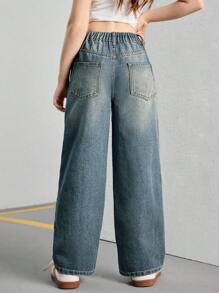 Sparklyn 青少年女孩复古宽松阔腿牛仔裤，休闲直筒牛仔裤，学校，校园，大学 - 中等水洗藍 - 查看 2