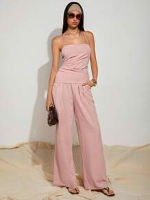 COSMINA Women's Casual Loose Pink Pleated Wide Leg Pants - Pink - View 4