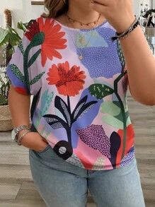 EMERY ROSE Plus Size Women Summer Pastel Floral Print Round Neck Casual Round Neck Short Sleeve Shirt, Vacation Outfits Women,Blouses For Women