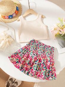 Young Girls Lightweight Summer Knit Waffle Crochet Flower Decor Loose Top And Ditsy Floral Flared Skirt 2 Pieces Set