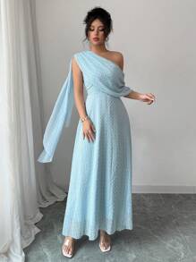 Rafferiza Women's Asymmetric Neckline & Shoulder Sheer Textured Chiffon Flared Hem Maxi Dress, Blue, Spring/Summer - Baby Blue - View 5