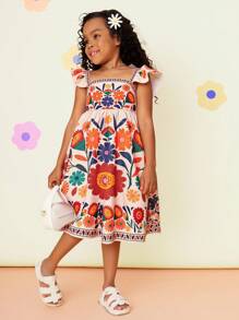 SHEIN SLAYR KIDS Young Girl Vacation Casual Floral Print Square Neck Ruffle Hem Form-Fitting Dress Young Girls Summer Dress Young Girls Clothing Dress Young Girls Spring Dresses Young Girl Spring Dress Youth Girl Dress,Vacation,Spring And Summer Suits Summer Dresses For Girls Boho Dress Kids Girls Boho Dress Young Girls Dresses Girls Boho Dresses Dresses Kids Boho Holiday Outfits - Multicolor - View 3