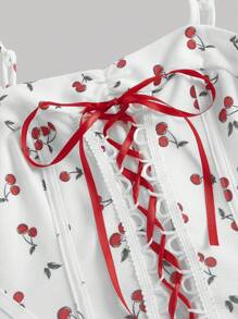 SHEIN MOD 樱桃印花撞色系带腰身优雅连衣裙，适合夏季、节日、热带风情、优雅、度假、俏皮、派对、飘逸、下午茶、早午餐等场合，仙气十足，尽显女性优雅气质。 - 白色 - 查看 3