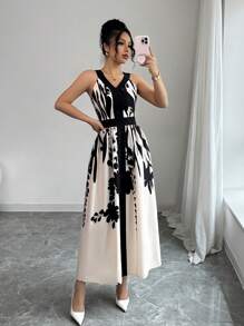 Elenzga 女士无袖细肩带简约休闲连衣裙，适合夏季 - 杏色 - 查看 3