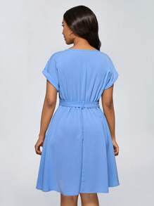 Lyxana Đầm cánh dơi ngắn tay màu trơn có thắt lưng, mùa hè - Màu xanh nhạt - Xem 6