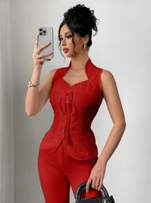 Elenzga 优雅纯色中式立领收腰系带背心 - 紅色 - 查看 4