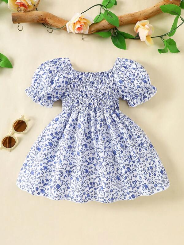 SHEIN Baby Girl Holiday Style Squared Neck Puff Sleeve A-Line Dress