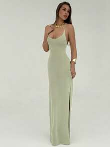 Aloruh Váy hở lưng bãi biển đan móc màu xanh lá cây mùa hè thanh lịch đa năng, váy dệt kim hở lưng hở lưng gợi cảm có dây đeo mảnh xẻ cao - màu xanh lá - Xem 4