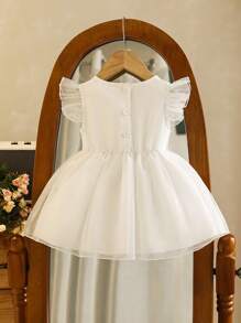 Souflis Souflis Baby Girl Spring/Summer Solid White Sleeveless Round Neck Net Mesh Dress, Fresh Fairy Style, Simple No Pattern, Flowing Skirt, Suitable For Holidays, Elegant Outings, Comfortable House Wear. Random Floral Quantity - White - View 2