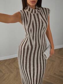 EURMUSE Casual Mock Turtle Neck Rib Knit Maxi Sleeveless Sweater Dress Fall Women Clothes Modest Old Money Striped Knit Maxi Dress - Multicolor - View 1