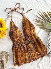 Soleia 女士休闲假日风格金色太阳神佩斯利印花露背系带背心，适合夏季 - 彩色 - 查看 1