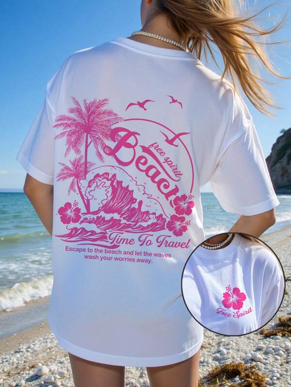 SHEIN EZwear Oversized Casual Minimalist Island Resort & Tropical Floral Graphic Round Neck Short Sleeve T-Shirt, Loose Fit Women Summer Beach Holiday